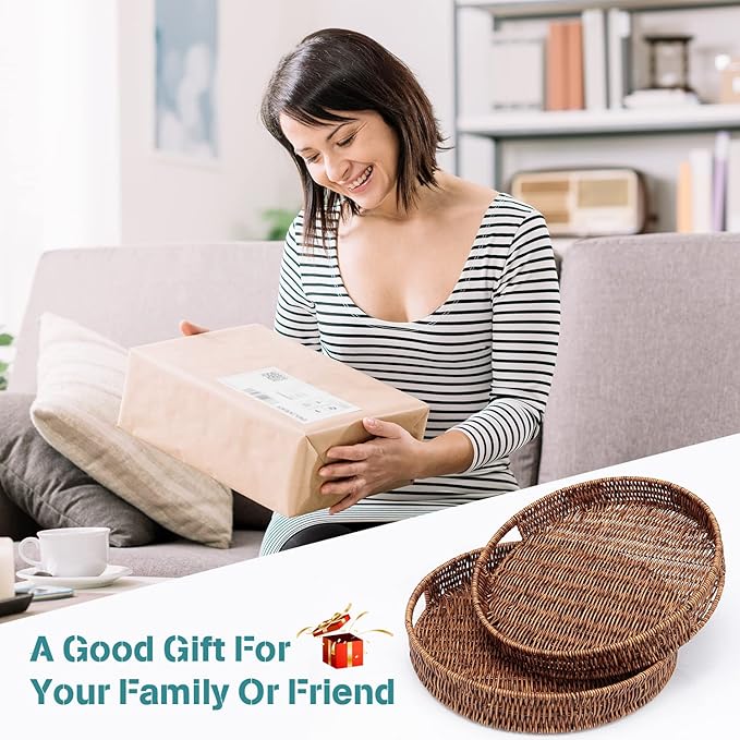 Coffee Table Tray 2 Pack Rattan Woven Basket Multifunctional Round Rattan Serving Tray with Handles, Decorative Trays for Home Decor, Kitchen Counter, Living Room
