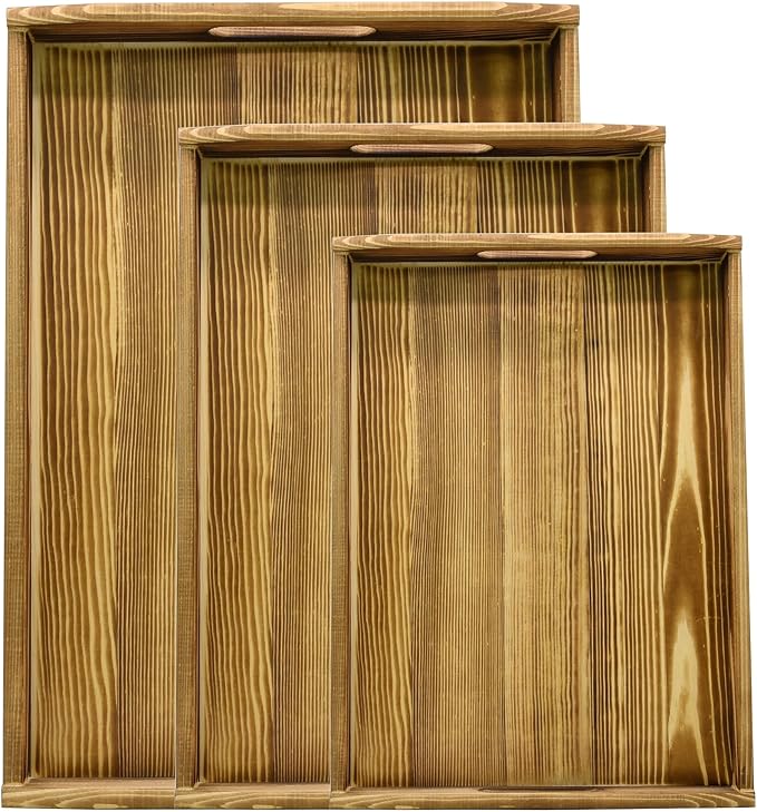 Owlgift Rustic Burnt Wood Serving Trays with Brass Metal Wrap Accents, Set of 3
