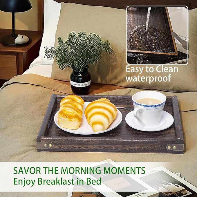 Wood Serving Tray with Handles - Set of 3, Wooden Tray for Food, Drinks, Snacks, Serving Trays for Breakfast in Bed, Dinner and Coffee Table