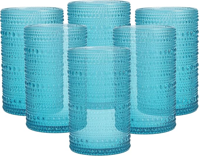Fortessa Jupiter Beaded Hobnail Glass, 13 Ounce Iced Beverage (Set of 6), Lagoon Blue