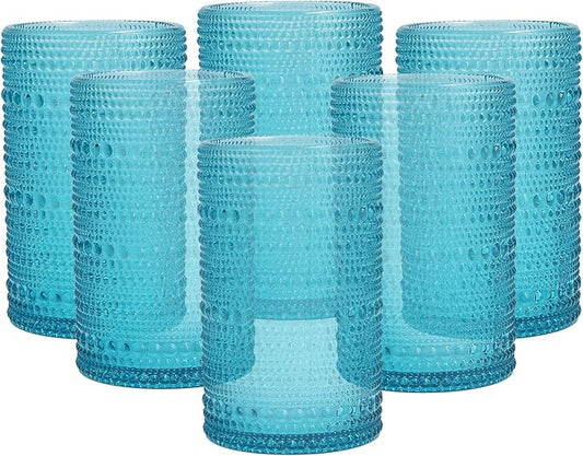 Fortessa Jupiter Beaded Hobnail Glass, 13 Ounce Iced Beverage (Set of 6), Lagoon Blue
