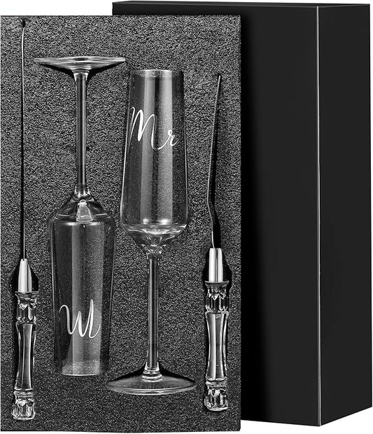 Boao 4 Pieces Wedding Toasting Flutes and Cake Server Set Wedding Reception Supplies Champagne Glasses Cake Knife Pie Server (Clear,Classic)