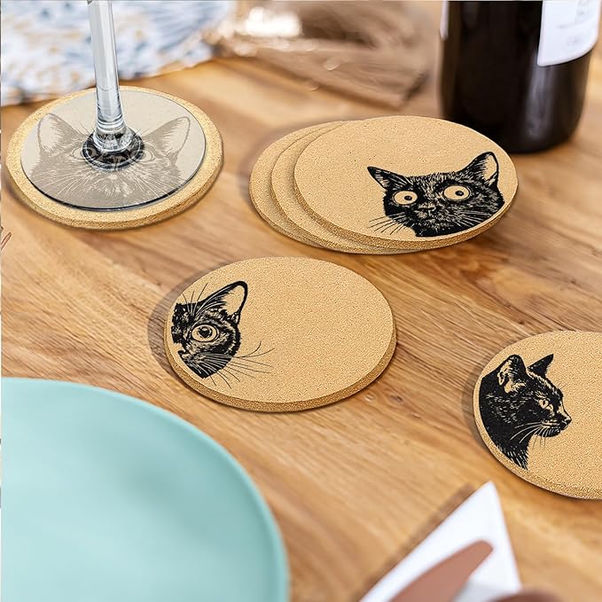 Coasters for Drinks with Holder Set of 6, Curious Cat Cork Coaster Absorbent for Office Desk Cat Table Coasters Kitchen Decor House Warming Gifts for New Home Couples, Round 4"