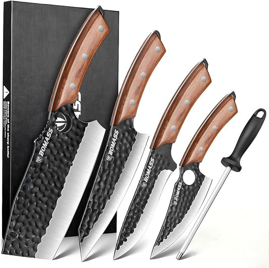 4 PCS Butcher Knife Set Hand Forged, High Carbon Steel Japanese Santoku, Serbian Chef Knife, Viking Knife, Boning Knife, Honing Rod for Kitchen, Outdoor Cooking, BBQ, Camping, Gift for Men