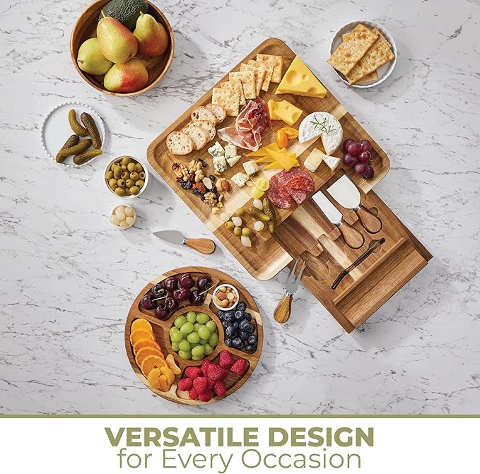 OOZi Charcuterie Board Set – Stainless Cheese Knives & Fruit Tray Included, Ideal for Birthday, Wine Nights, Housewarming & Christmas Gifts