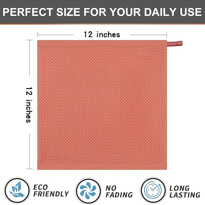 Kitinjoy 100% Cotton Kitchen Dish Cloths, 6 Pack Waffle Weave Ultra Soft Absorbent Dish Towels for Drying Dishes Quick Drying Kitchen Towels Dish Rags, 12 X 12 Inches, Coral
