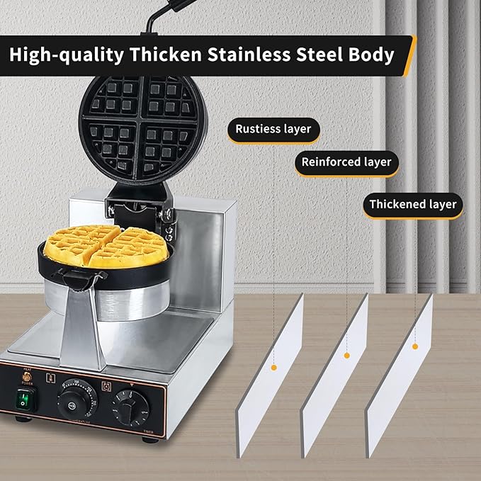 Commercial Waffle Maker, belgian waffle maker, 1000W Round Waffle Iron, Non-Stick Waffle Baker Machine with 122-572℉ / 50-300℃ Temp Range Teflon-Coated Baking Pans Stainless Steel Body