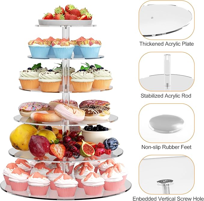 6 Tier Large Acrylic Round Cupcake Stand, Clear Wedding Cupcake Tower Stand, Cupcake Tier Stands for Dessert Table, Tiered Cupcake Holder Stand, Cupcake Display Stand for Birthday Party