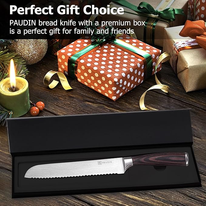PAUDIN Bread Knife 8", Ultra Sharp Wave Edge - Forged Premium German HC Stainless Steel, Serrated Bread Knife for Homemade Bread and Sourdough Bread, Pakkawood Handle