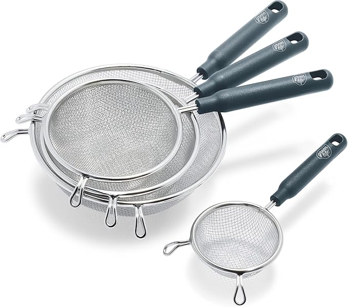 GreenLife Cooking Tools and Utensils, 4 Piece Extra Fine Stainless Steel Mesh Strainer Kitchen Set, Stay Cool Handles, Dishwasher Safe, BPA-Free, Grey