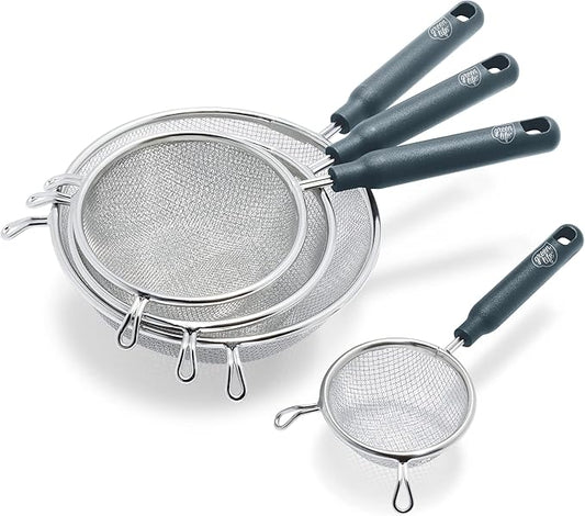 GreenLife Cooking Tools and Utensils, 4 Piece Extra Fine Stainless Steel Mesh Strainer Kitchen Set, Stay Cool Handles, Dishwasher Safe, BPA-Free, Grey