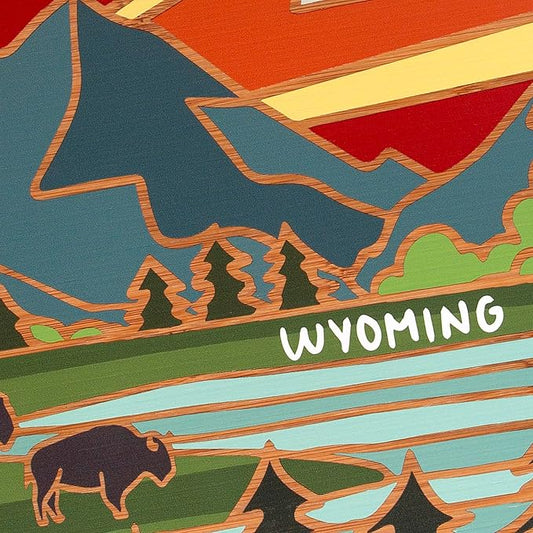 Totally Bamboo Wyoming State Shaped Cutting Board and Charcuterie Serving Platter with Artwork by Summer Stokes, Includes Hang Tie for Wall Display
