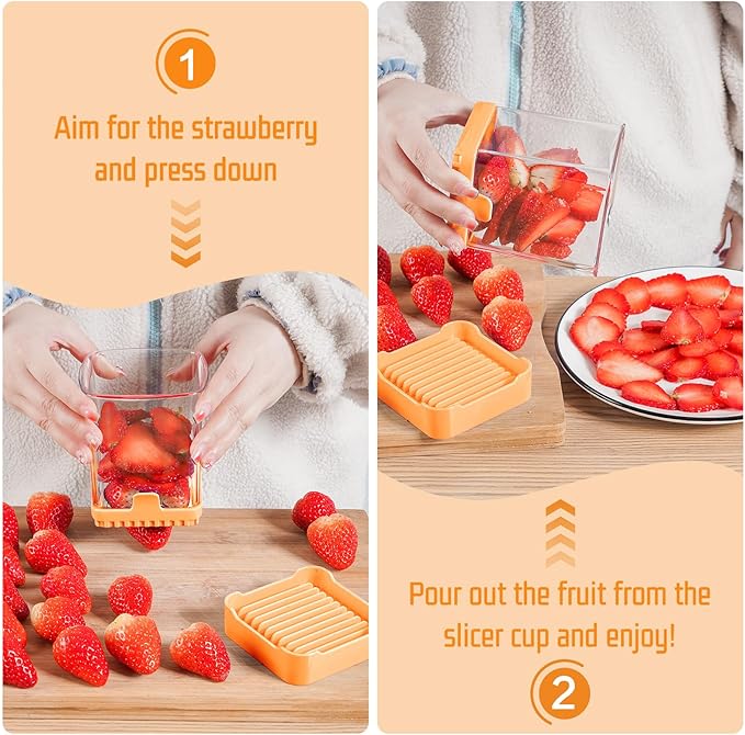 Fruit Slicer Cup for Strawberry, Banana, Hard-Boiled Egg - Detachable Cutter with Push Plate - Rapid & Safe Slicing Kitchen Gadget for Quick Meal Prep (Yellow)