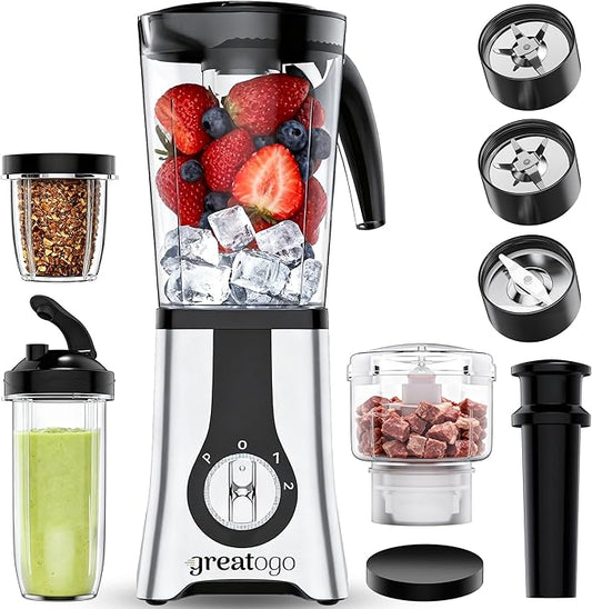 Greatogo Countertop Blenders For Shakes And Smoothies, 3-In-1 Smoothie Maker & Food Processor, Multi-Function Blender Grinder Chopper Combo For Kitchen, Includes 4 Cups And Portable Lid