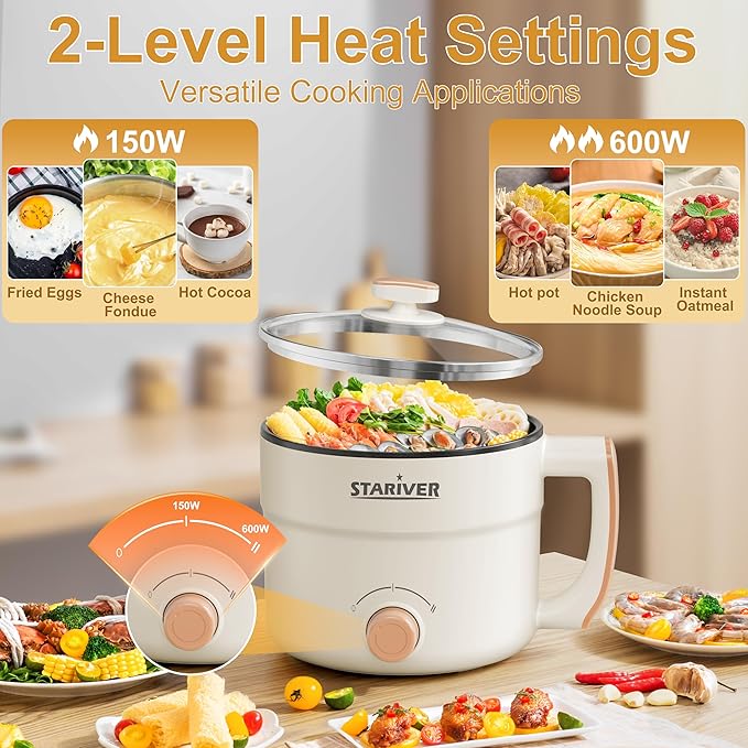 Stariver 1.5L Electric Hot Pot with Dual Power - Mini Portable Non-Stick Noodle Cooker for Ramen, Soup, Pasta, Egg, Oatmeal - Overheat & Boil-Dry Protection - Ideal for Dorm, Office, Travel Gift