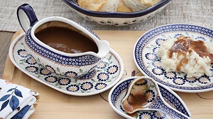 Blue Rose Polish Pottery Peach Blossom Gravy Boat & Ladle