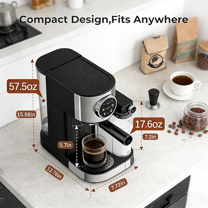 Electactic 20 Bar Professional Compact Espresso Cappuccino Machine with Touch Screen & Auto Milk Frother, Stainless Steel Coffee Maker for Cappuccino, Latte