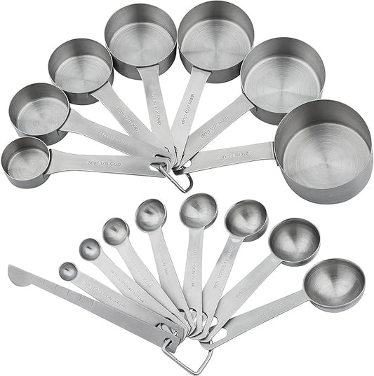 Smithcraft Measuring Cups and Spoons Set, Stainless Steel Measuring Cups, 18/8(304) Material Heavy Duty 7 Measuring cups and 8 Measuring Spoons 1 Leveler and 2 rings