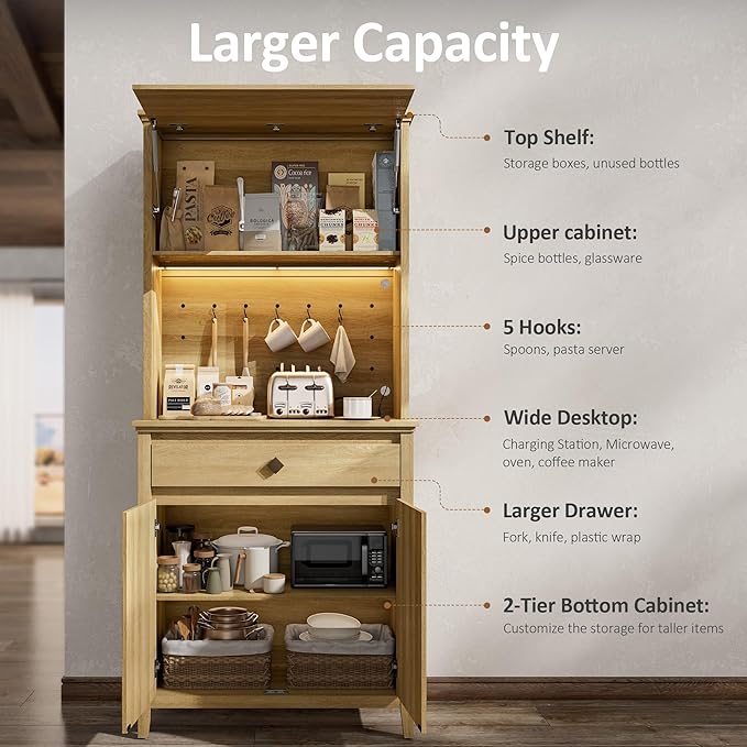 72" Tall Kitchen Pantry with Hydraulic Flip Up Door, Storage Cabinet with LED Lights&Charging Station, Drawer and Adjustable Shelves, Cupboard for Kitchen, Dining Room, and Hallway, Natural