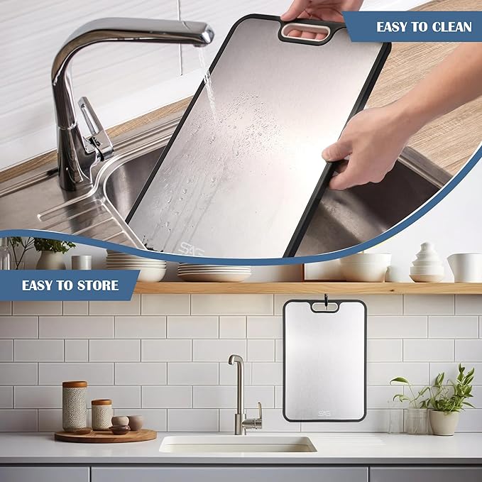 SAG’s Store Titanium Cutting Board for Kitchen, 16"x11" Double-Sided Metal Chopping Board, Durable & Easy to Clean, Reusable Lightweight Design with Juice Groove and Garlic Grinding Area