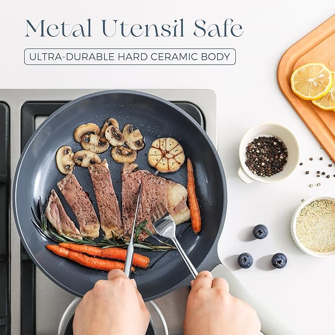PRICUSIS 5Pcs Ceramic Nonstick Frying Pan Set, 8+10+12 Inch Induction Compatible Skillet with Stay Cool Handle, Fully Coated, 100% Dishwasher Safe, PFAS & PTFE & PFOA Free (Blueberry Gray