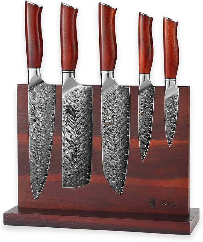 Wakoli Rose Elegance Knife Block Set – 5-Piece Professional Damascus Kitchen Knife Set with Magnetic Block – 67-Layer Damascus Steel with VG10 Core, Ergonomic Rosewood Handles in Gift Box