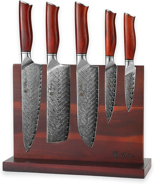 Wakoli Rose Elegance Knife Block Set – 5-Piece Professional Damascus Kitchen Knife Set with Magnetic Block – 67-Layer Damascus Steel with VG10 Core, Ergonomic Rosewood Handles in Gift Box