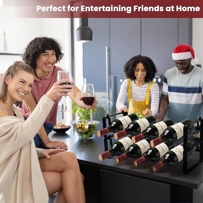 Small Wine Rack for 8 Bottles – Expandable & Stackable Metal Wine Rack for Cabinet, Countertop, Floor, or Small Spaces – Compact Wine Storage Shelf for Kitchen, Bar, or Pantry (2 Tier, Black)