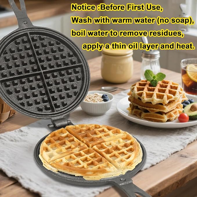 Cast Iron Waffle Maker for Stovetop or Camping Grill Two Piece Hinged Non Electric Waffle Iron Makes 8" Round Waffles