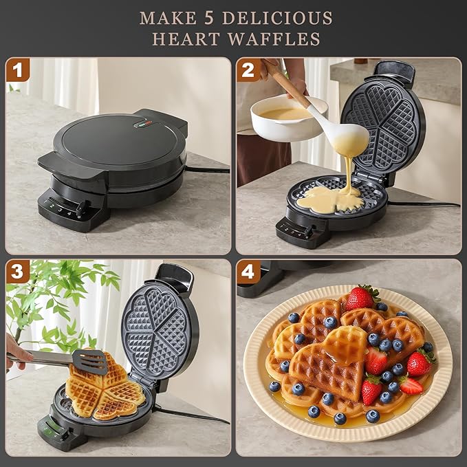 Heart Waffle Maker, Heart Shaped Waffle Iron 5 Slices, Mini Waffle Makers with 8'' Non-stick Plates, Adjustable 5 Browning Control, Cool Touch Handle, Easy to Clean, Valentine's Day Gift, 1000W