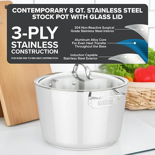 Viking Contemporary 3-Ply Stainless Steel Stock Pot, 8 Quart Soup Cooking Pot with Lid, Kitchen Cookware