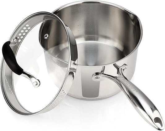 AVACRAFT Stainless Steel Saucepan with Glass Strainer Lid, Two Side Spouts for Easy Pour with Ergonomic Handle, Multipurpose Sauce Pot (5-Ply Capsule Bottom, 3.5 Quart)