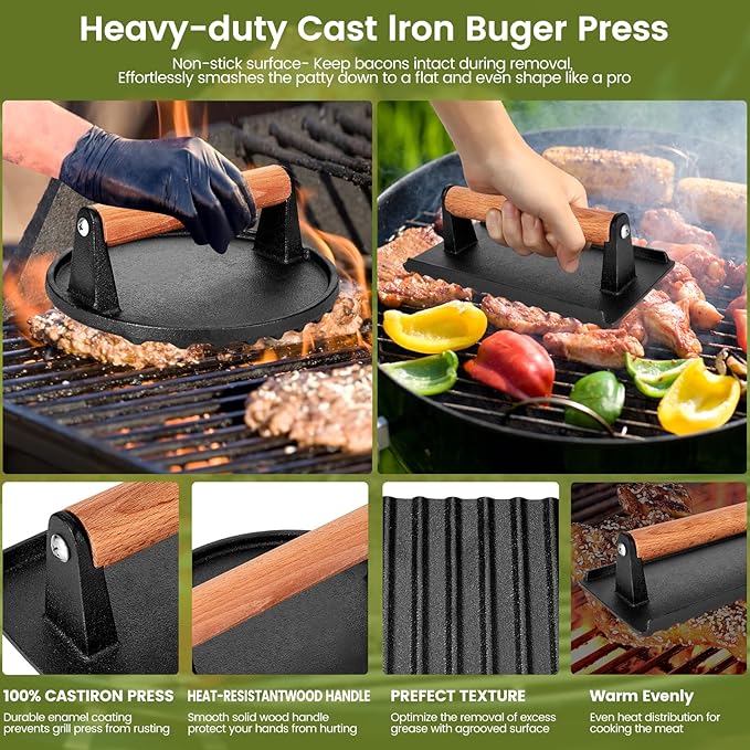 Burger Press 7” Round Cast Iron Smash Bacon Press & 8”X4” Rectangle Cast Iron Grill Press with Wooden Handle for Blackstone Griddle, Ideal for Panini, Steak & Sandwiches, Nonstick Pan