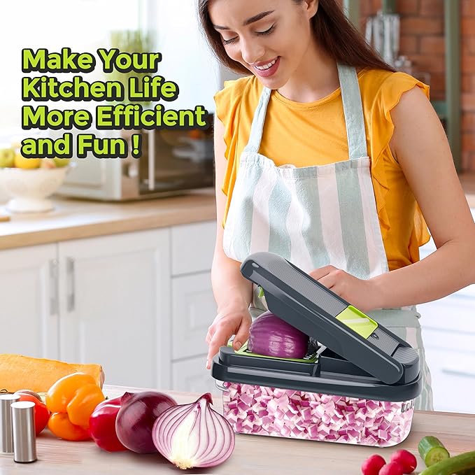 Vegetable Chopper,12-in-1 Multifunctional Food Chopper,Professional Onion Chopper with 7 Blades,Vegetable Cutter with Container for Salad,Potato,Carrot,and Garlic; Essential Kitchen Tool(Grey)