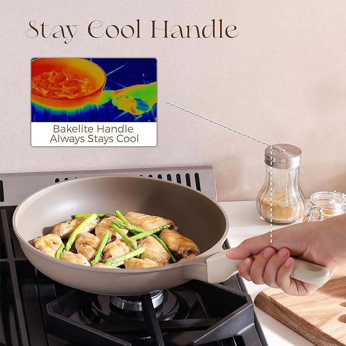 PRICUSIS Nonstick Frying Pan, 8/10/12 Inch Stain/Scratch/Crack Proof Chef Pan, Healthy Skillet, PFOA Free Omelet Pan, Dishwasher & Oven Safe, Induction Compatible (8-Inch, Natural Linen)