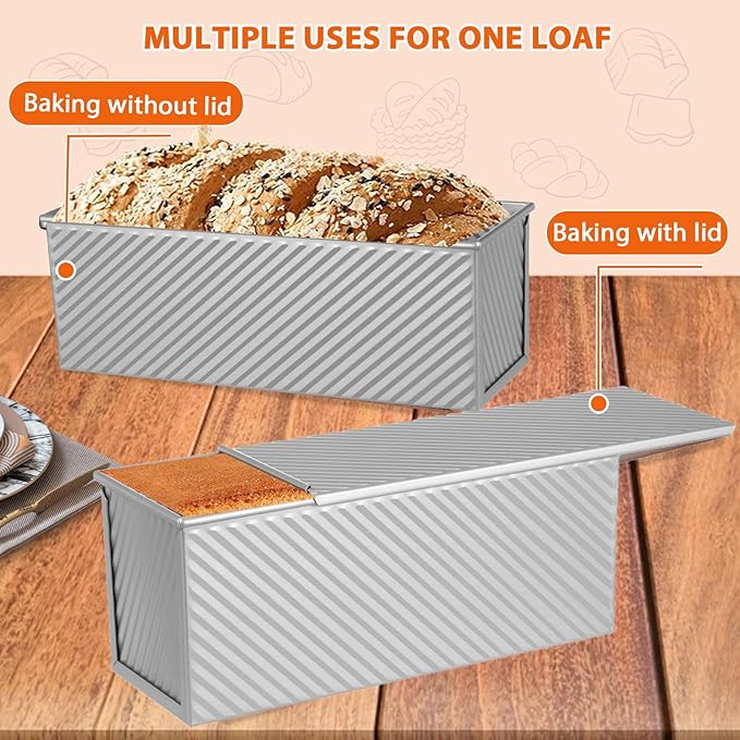 AVSQUINE Non-Stick Pullman Loaf Pan with Lid 13x4 Inch - 2.2lb Carbon Steel Bread Baking Pan with 4 Vent Holes, Heavy Duty Sourdough Loaf Pan with Cover for Homemade Sandwich Bread (Silver)