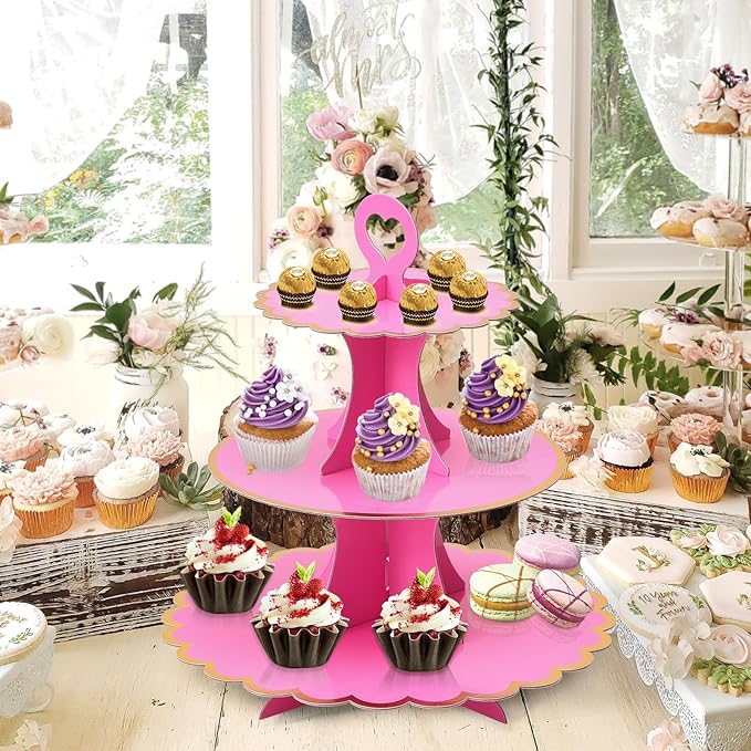 Soleebee 3-Tier Cupcake Stand, Cardboard Cupcake Tower, Cup Cake Stand Tower for Birthday Wedding Party Decoration, Cupcake Tier Stand Fruit Desserts Display 1 Set (Hot Pink Gold)