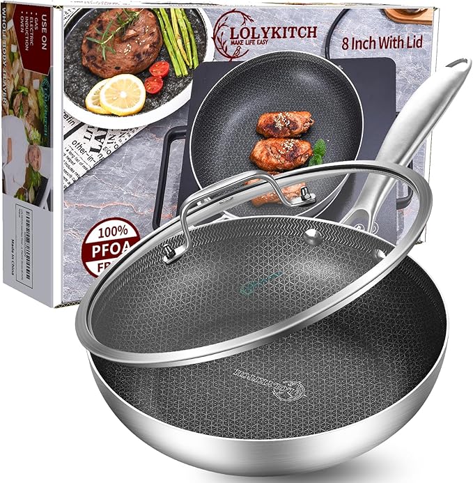 LOLYKITCH 8.5 Inch Tri-ply Hybrid Stainless Steel Non-Stick Sauté Pan with Lid,Skillet,Induction Frying Pan,Skillet,Dishwasher and Oven Safe,Riveted Handle.