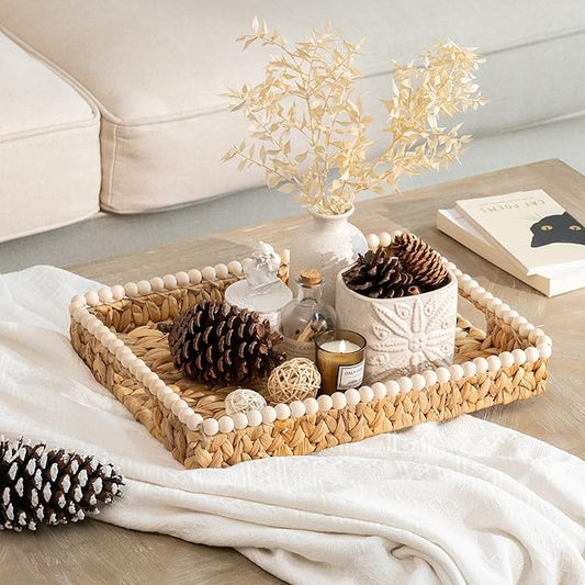 StorageWorks Rectangle Decorative Trays for Home Decor Farmhouse, Wicker Coffee Table Tray Decor with Wooden Beads and Handles, Large Woven Dining Room Decor Tray for Kitchen Counter, Living Room
