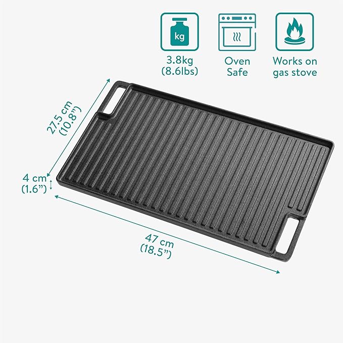 Navaris Reversible Cast Iron Grill/Griddle - 18.5" x 10.8"(47 x 27.5cm) Pre-Seasoned with Handles, Flat & Ribbed Rectangular Grill Plate, for Stove, Oven, Campfire, Heavy-Duty