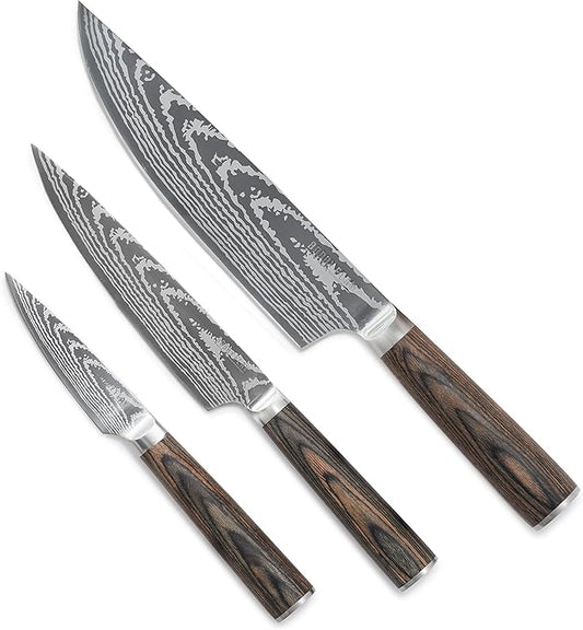 GreenPan x Bobby Flay 3 Piece Knife Set, Pairing Utility & Chef’s Knife, Premium Stainless Steel Blades, Precision Cutting Kitchen Tools, Hand Finished Ergonomic Wood Handle, Damascus Steel Design