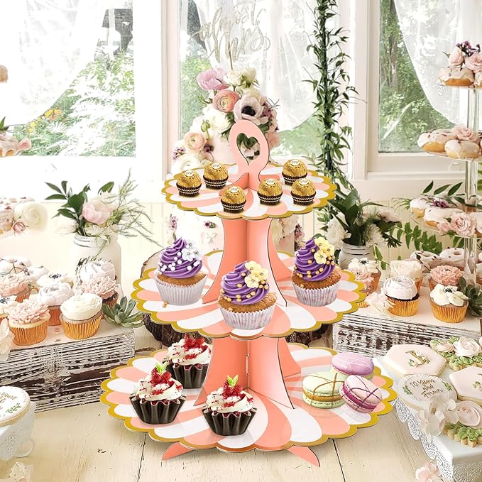 Soleebee 3-Tier Cupcake Stand, Cardboard Cupcake Tower, Dessert Cup Cake Stand Tower for Birthday Wedding Party Decoration, Cupcake Tier Stand 2 Set (Pink Gold)