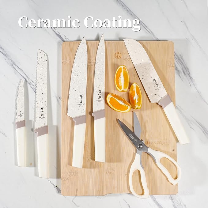 15Pcs Knife Set with Block, High Carbon Stainless Steel Kitchen Knife Set with Ceramic-Coated Blade, Sharp and Durable, Hundreds of Years of Masterful(Cream)