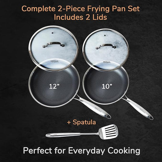 Stainless Steel Frying Pan Set, Sartenes de Acero Inoxidable 2-Piece Honeycomb Nonstick Skillets 10", 12" With Lids, Spatula, Oven & Induction Compatible, Dishwasher Safe Pan Set