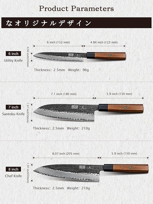 HOSHANHO 3 Pieces Knife Set, Professional Japanese High Carbon Steel Kitchen Knife Set, Ultra Sharp Chef Knives Sets with Octagonal Rosewood Handle