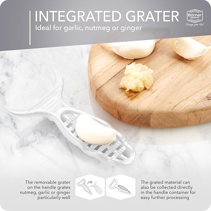 Börner by Reston Lloyd Vegetable Peeler, Garnish Knife, Nutmeg/Garlic Grater, Made in Germany, White