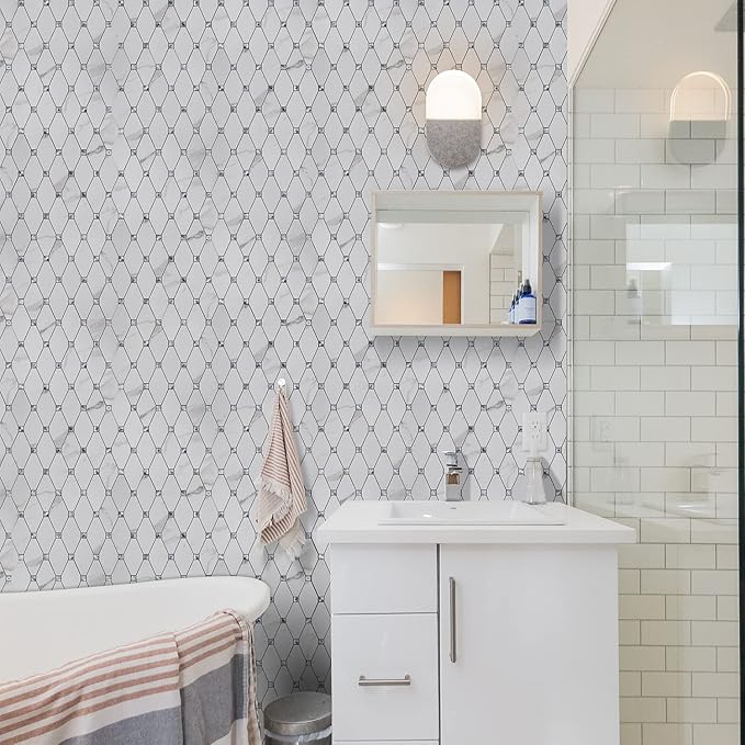 STICKGOO 1 Sheet Peel and Stick Backsplash, Calacatta Stick on Aluminum Composite Tiles Stikers, Self Adhesive Mixed Glass Backsplash for Kitchen, Bathroom, Fireplace, RV