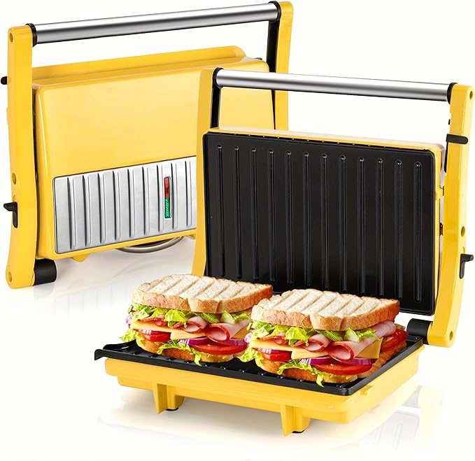 SUSTEAS Panini Press Sandwich Maker and Electric Indoor Grill, Easy Clean Nonstick Grids, Opens 180°/105° to Fit Any Type or Size of Food, 304 Stainless Steel, Homemade BBQ, Yellow