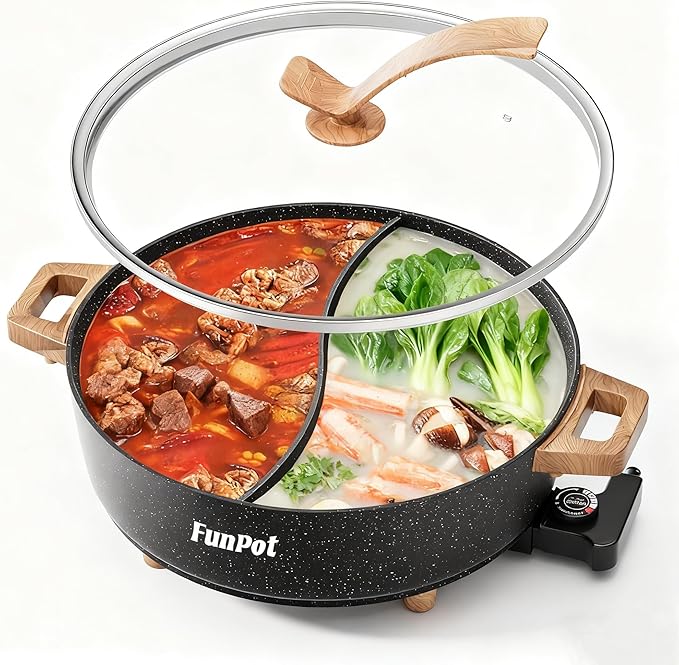 FunPot Electric Twin Compartment Hot Pot with Divider, Diamond grid embossed base, 1350W Temperature control, Large 6-Litre Capacity, Compact Woodgrain handles with Hollow Design