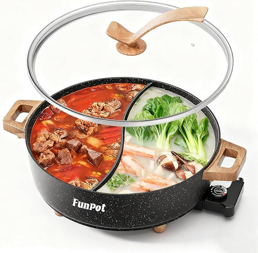 FunPot Electric Twin Compartment Hot Pot with Divider, Diamond grid embossed base, 1350W Temperature control, Large 6-Litre Capacity, Compact Woodgrain handles with Hollow Design
